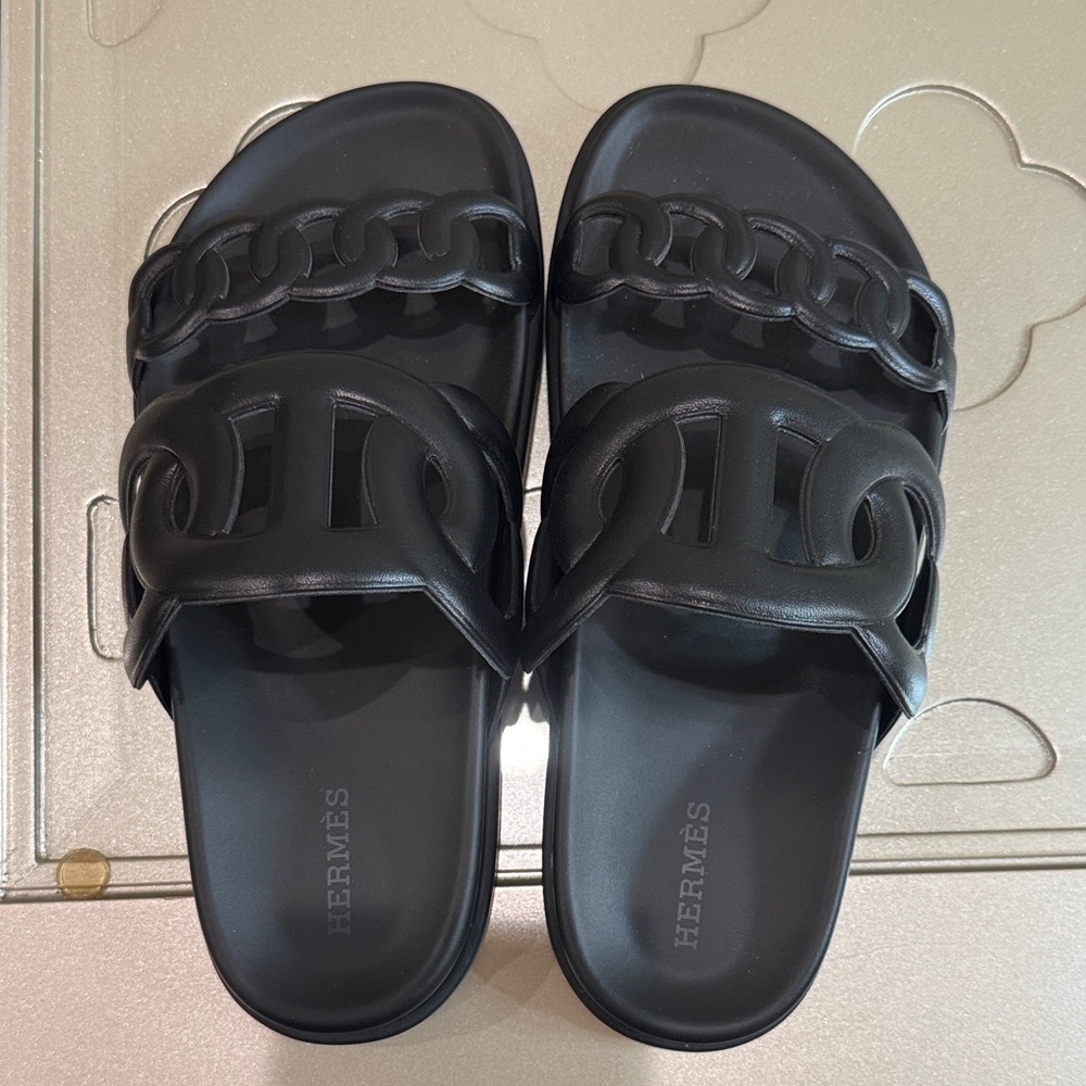 Hermès Black Chain Slide Sandals